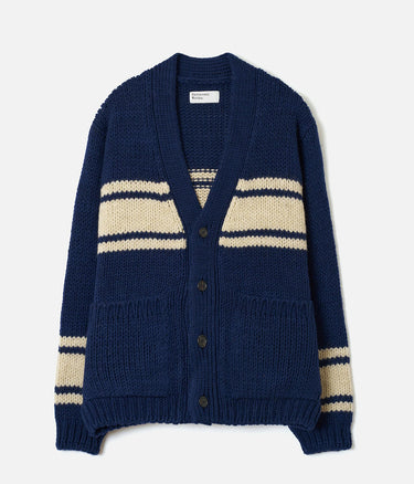 UNIVERSAL WORKS LANGDALE CARDIGAN 35476 CHUNKY KNIT STRIPE NAVY