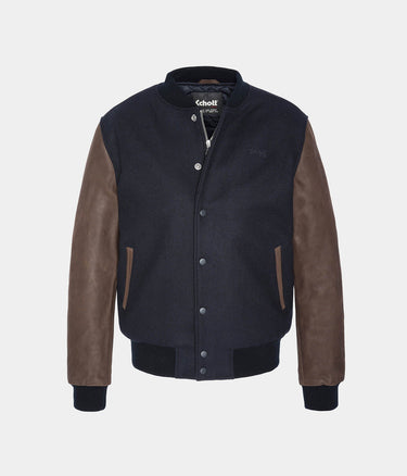 SCHOTT NY VARSITY 재킷 LCUSA 소가죽 가죽 네이비 브라운 - Shoelosophy