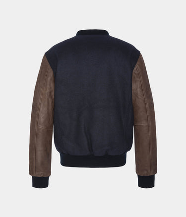 SCHOTT NY VARSITY JACKET LCUSA COWHIDE LEATHER NAVY BROWN - Shoelosophy