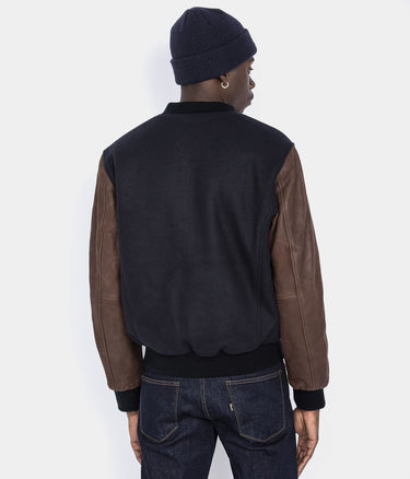 SCHOTT NY VARSITY 재킷 LCUSA 소가죽 가죽 네이비 브라운 - Shoelosophy