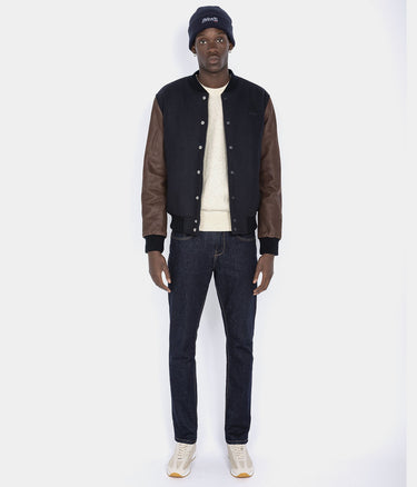 SCHOTT NY VARSITY 재킷 LCUSA 소가죽 가죽 네이비 브라운 - Shoelosophy
