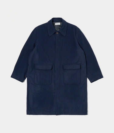 UNIVERSAL WORKS ACCOUNT COAT 31104 NAVY CAPPOTTO UOMO LOOSE FIT - Shoelosophy