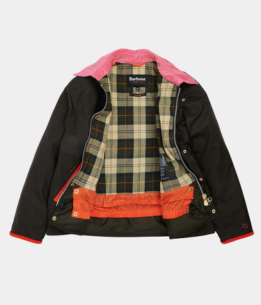 BARBOUR X FLOWER MOUNTAIN OS TRANSPORT WAX JACKET MWX2435OL71 OLIVE PINK - Shoelosophy