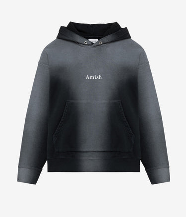 AMISH HOODED SWEATER MICRO LOGO BOXY CROP SPRAY USED WASHED BLACK