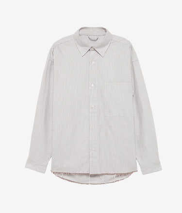 AMISH SUPPLIES DROPPED RAW EDGE SHIRT OXFORD STRIPE WHITE BROWN