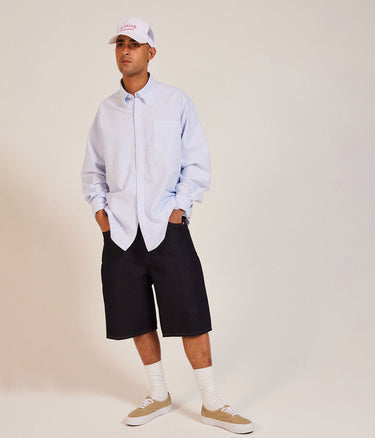 AMISH SUPPLIES OXFORD STRIPE SHIRT WHITE SKY FRINGED SLEEVES