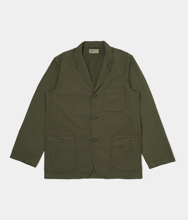 UNIVERSAL WORKS THREE BUTTON JACKET 34617 MERIDA SEERSUCKER OLIVE GARMENT DYED