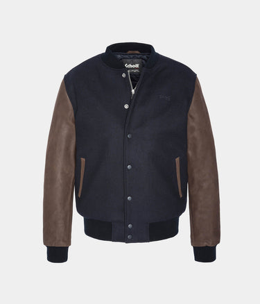 SCHOTT NY VARSITY JACKET LCUSA COWHIDE LEATHER NAVY BROWN - Shoelosophy