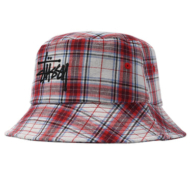 STUSSY MADRAS PLAID BIG LOGO BUCKET HAT 1321042 RED