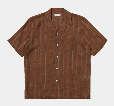 UNIVERSAL WORKS ROAD SHIRT STRIPE LINEN BROWN