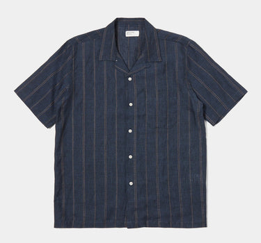 UNIVERSAL WORKS ROAD SHIRT STRIPE LINEN NAVY