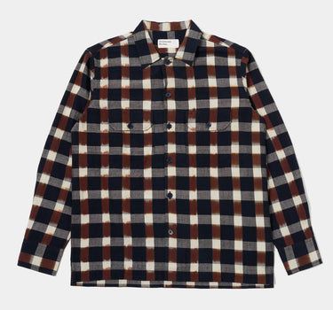 Universal Works 유틸리티 셔츠 31166 Ikat Check Navy Brown