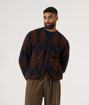 UNIVERSAL WORKS ARGYLL FLEECE CARDIGAN 33721 BROWN NAVY