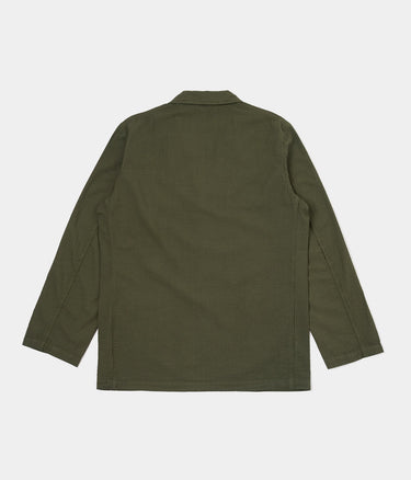 UNIVERSAL WORKS THREE BUTTON JACKET 34617 MERIDA SEERSUCKER OLIVE GARMENT DYED