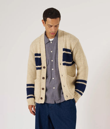 UNIVERSAL WORKS LANGDALE CARDIGAN 33479 CHUNKY KNIT STRIPE SAND