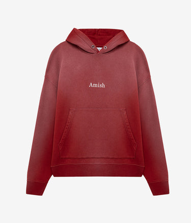 AMISH HOODED SWEATER MICRO LOGO BOXY CROP SPRAY USED EARTH RED