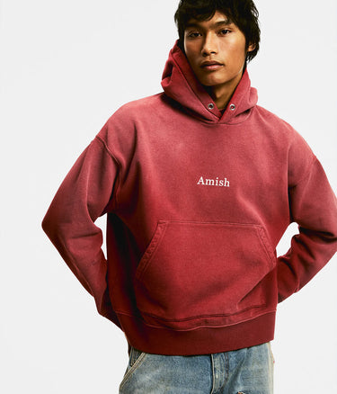 AMISH HOODED SWEATER MICRO LOGO BOXY CROP SPRAY USED EARTH RED