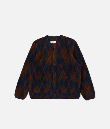 UNIVERSAL WORKS ARGYLL FLEECE CARDIGAN 33721 BROWN NAVY