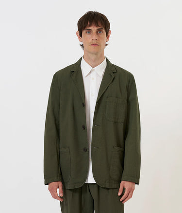 UNIVERSAL WORKS THREE BUTTON JACKET 34617 MERIDA SEERSUCKER OLIVE GARMENT DYED